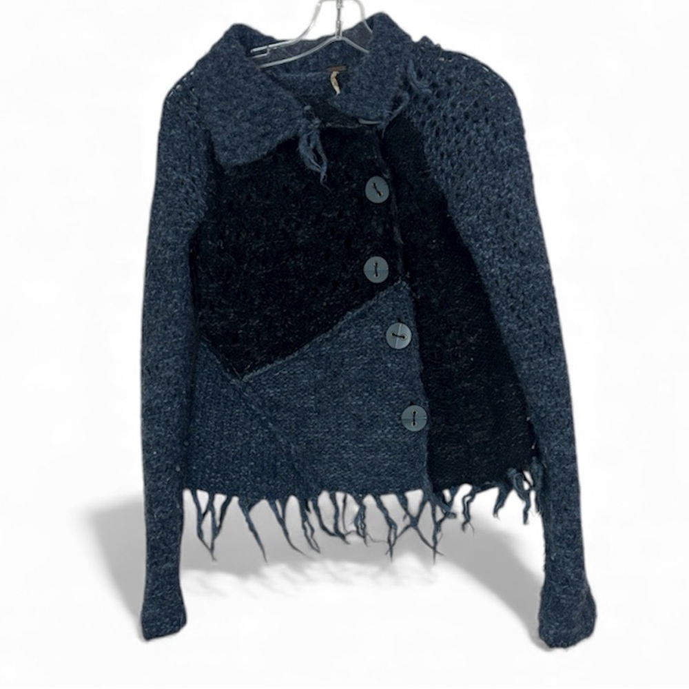 Free People Fuzzy Blue Knit Sweater Cardigan Small Wool Blend Long Sleeve